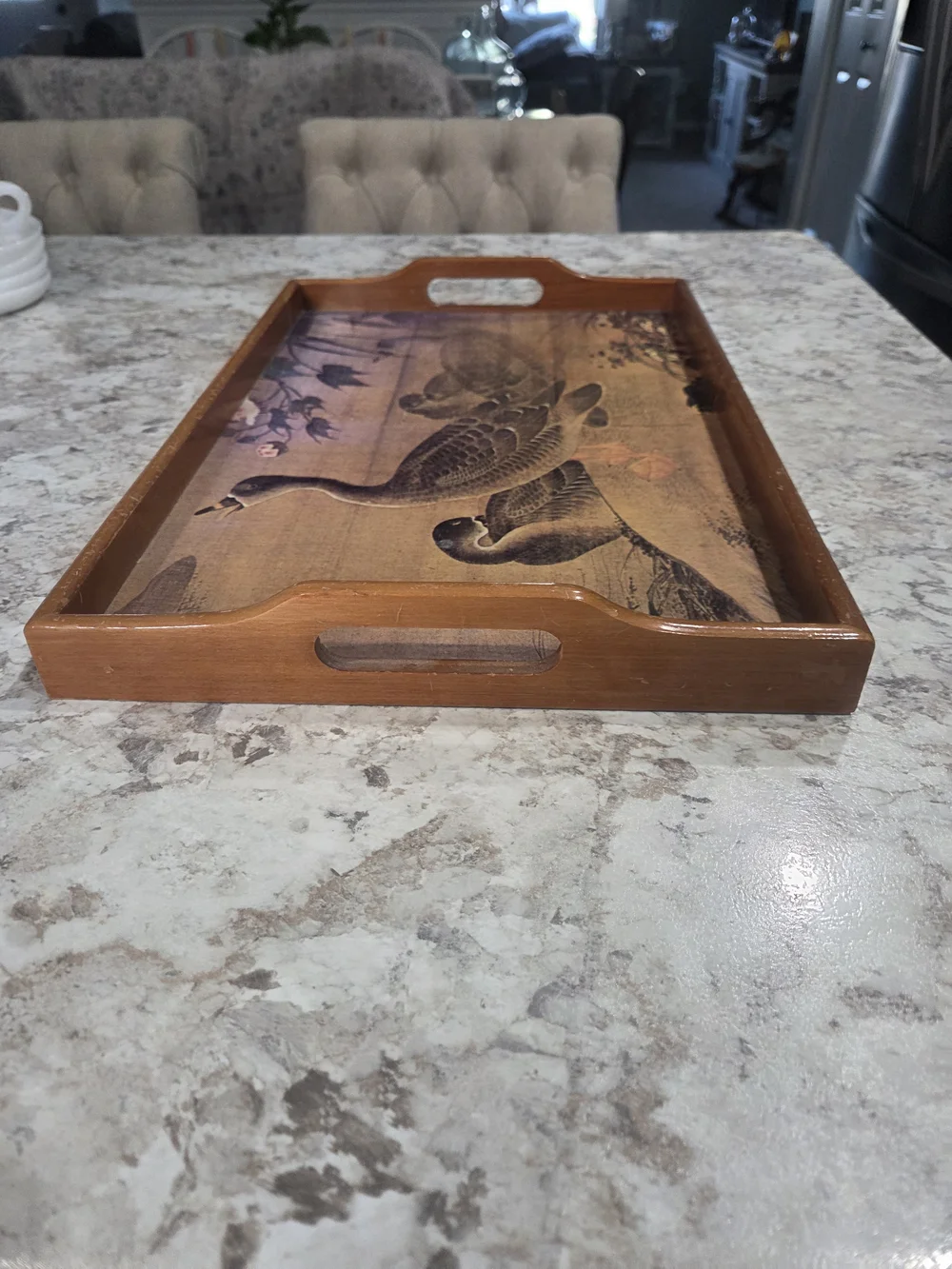 Vintage Style Brown Wood Serving Tray with Duck Illustration MCM